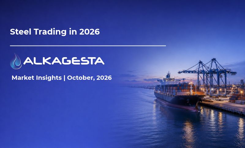 Title card titled Steel Trading in 2026 for Alkagesta Market Insights, October 2026, featuring a container ship docked at a port.