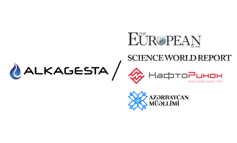 Logos of Alkagesta, The European, Science World Report, НафтоРынок, and Azərbaycan Müəllimi shown on a white background.