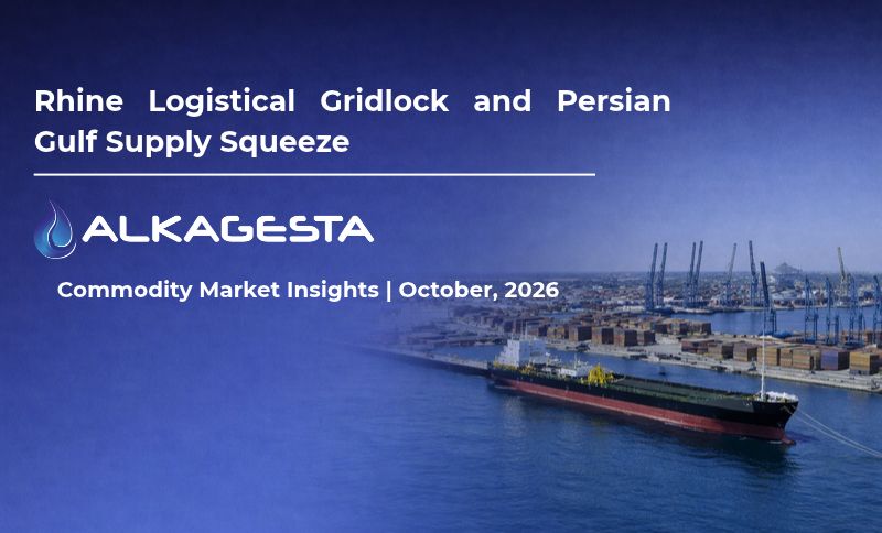 A cargo ship approaches a bustling port, with the text: Rhine Logistical Gridlock and Persian Gulf Supply Squeeze, Alkagesta, Commodity Market Insights | October, 2026.