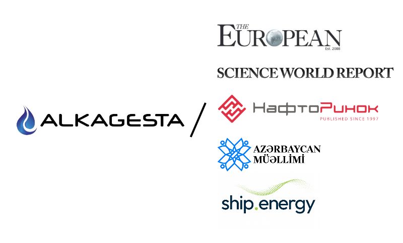 Logos of six publications: The European, Science World Report, Alkagesta, НафтоРынок, AZƏRBAYCAN MÜƏLLİMİ, and ship.energy, arranged on a white background.