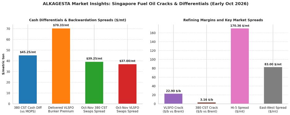 Bar chart showing Singapore fuel oil market insights for early October 2026, displaying cash differentials, backwardation spreads, and refining margins with their respective dollar values.